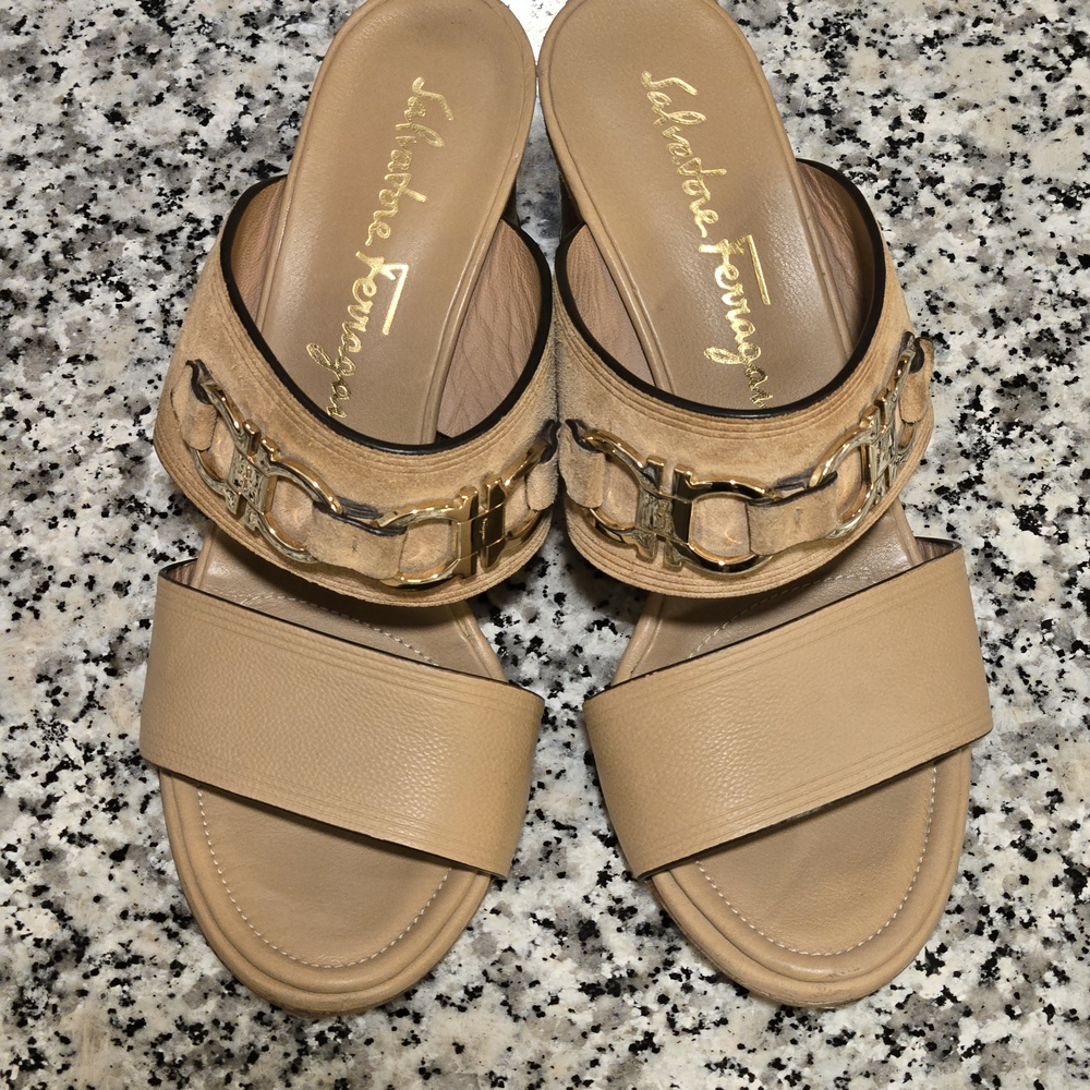 Salvatore Ferragamo Gancini Suede & Leather Slides - Cognac Tan - 8C